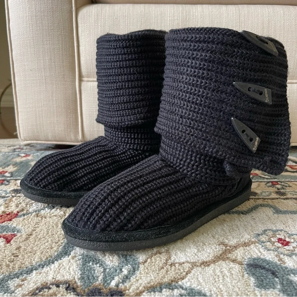 BearPaw Tall Black Knit Sweater Boots